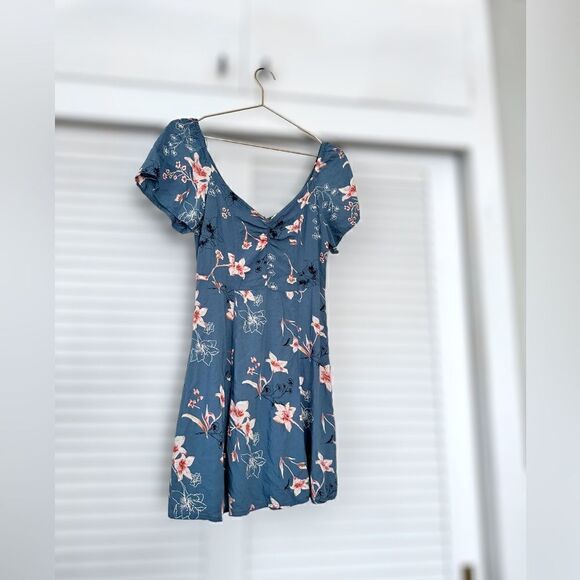 Roxy Shoulder Shimmy Sweetheart Floral Palm Print Mini Dress In Blue lSize M - Picture 10 of 16
